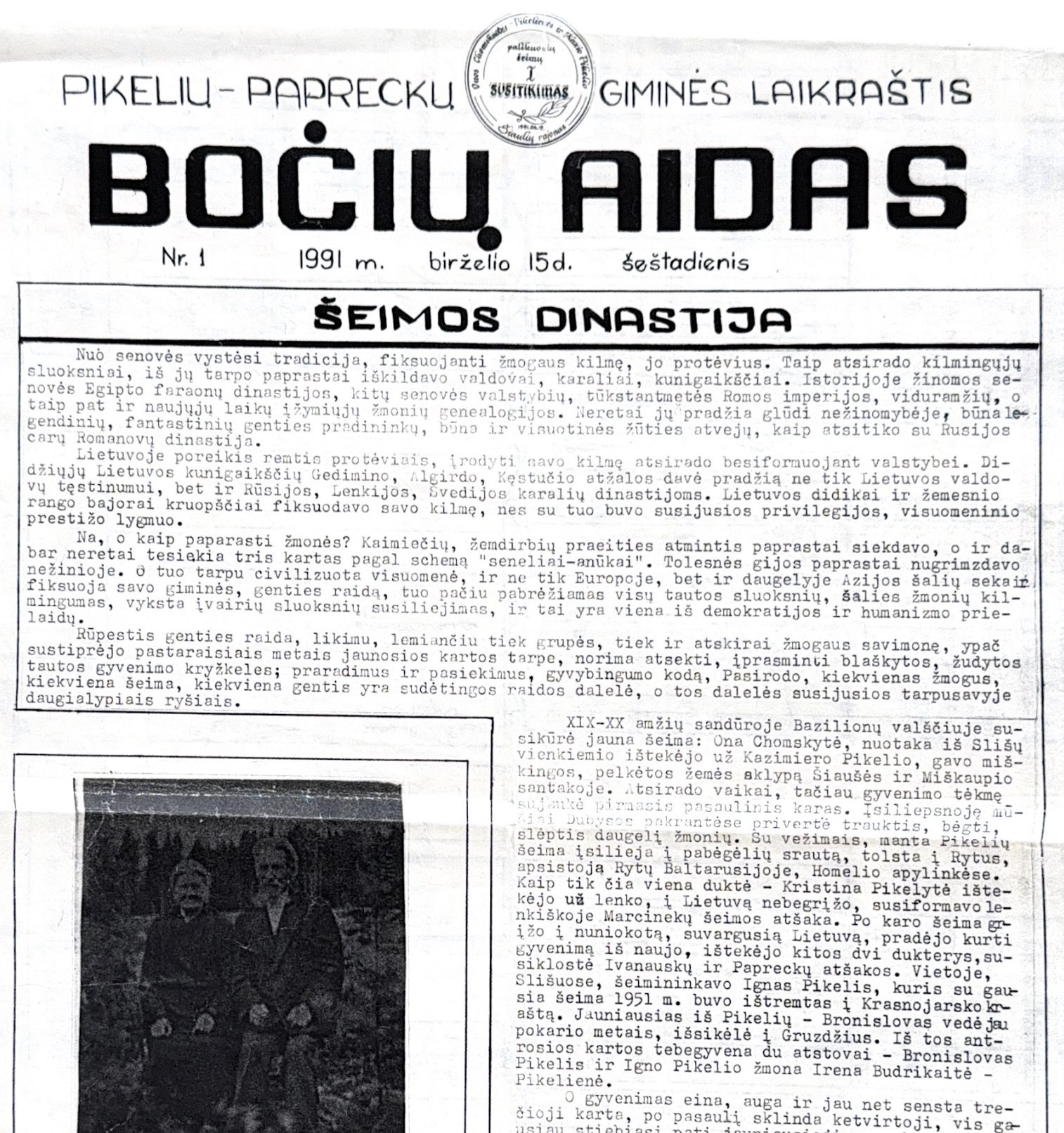 Giminės laikraštis „Bočių aidas“, 1991 m.